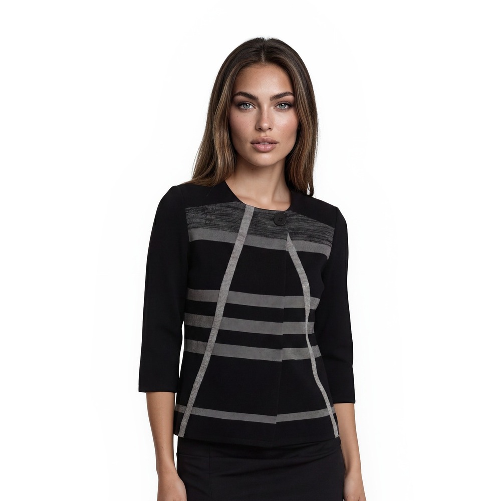 Ming Wang Knit Jacket Womens Size XS Petite Black Gray Striped Single Button Top